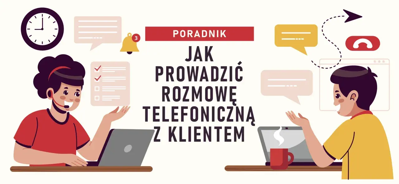 Poradnik: jak podtrzymać rozmowę telefoniczną z klientem. Dwie osoby z zestawami słuchawkowymi przy laptopach, komunikacja.