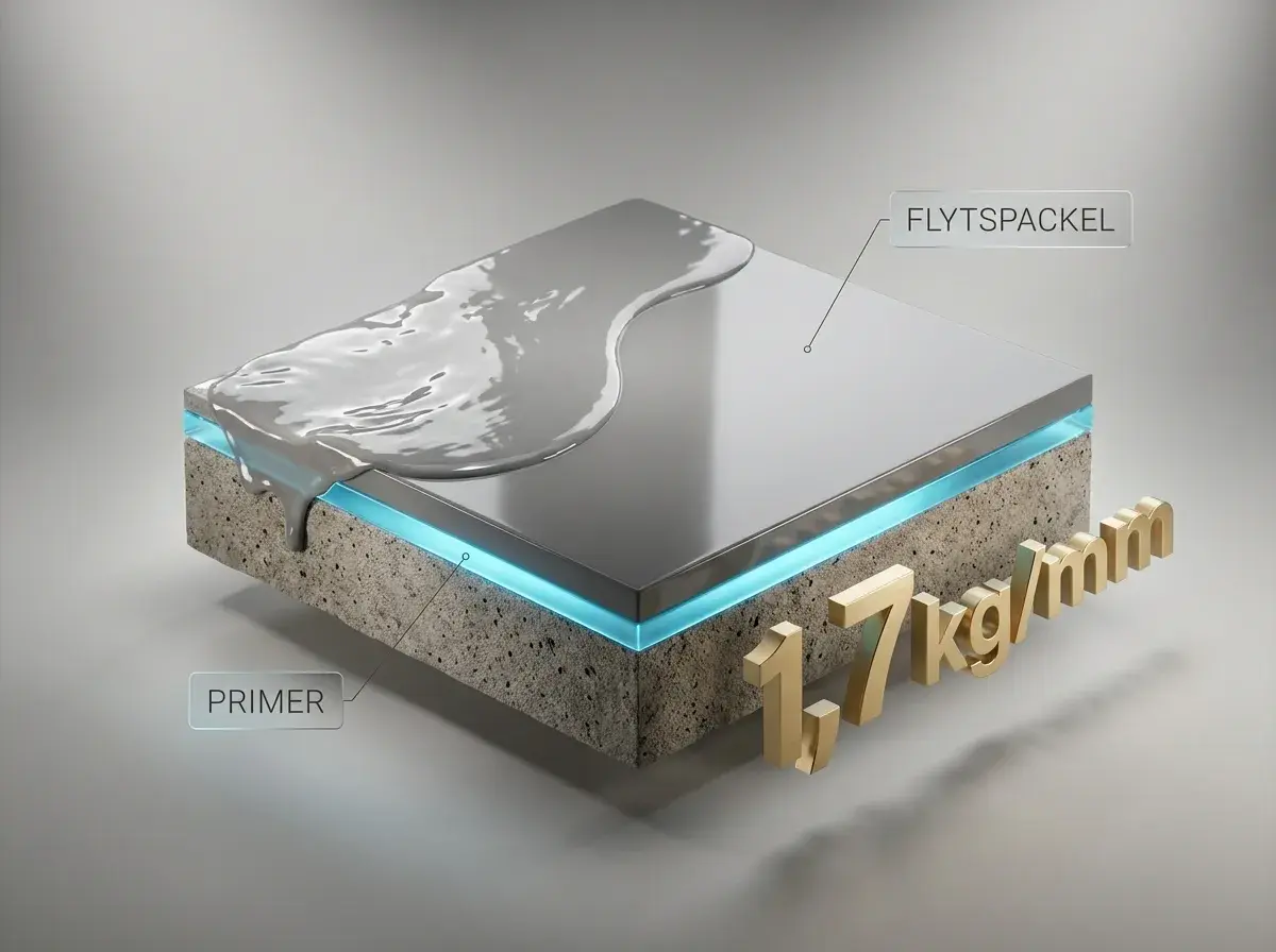 Flytspackla golv: primer appliceras på betong, sedan ett lager flytspackel. 1,7 kg/mm.