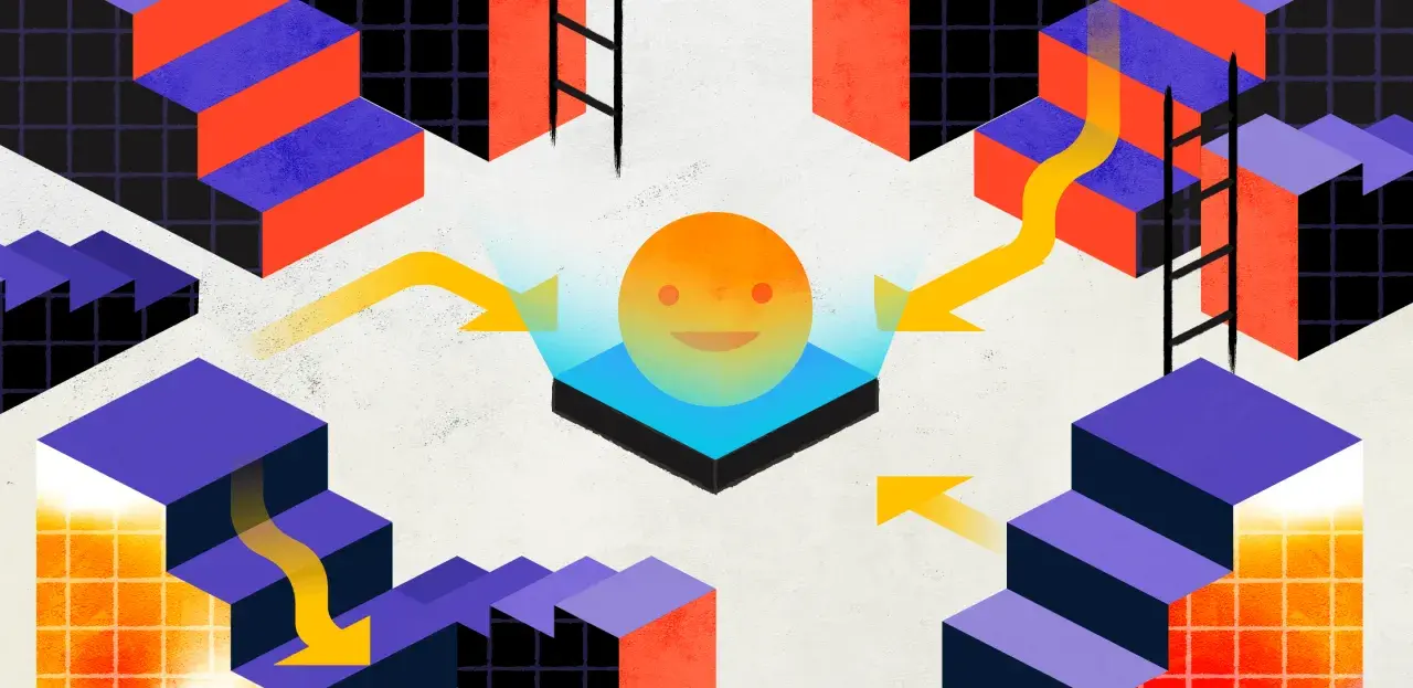 Abstract isometric blocks form a maze. Yellow arrows show a path, some leading down, suggesting a voluntary demotion for a smiling figure.