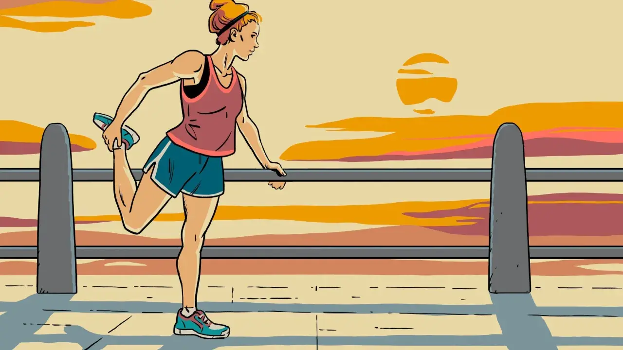 Woman stretching her leg during sprint triathlon training at sunset.
