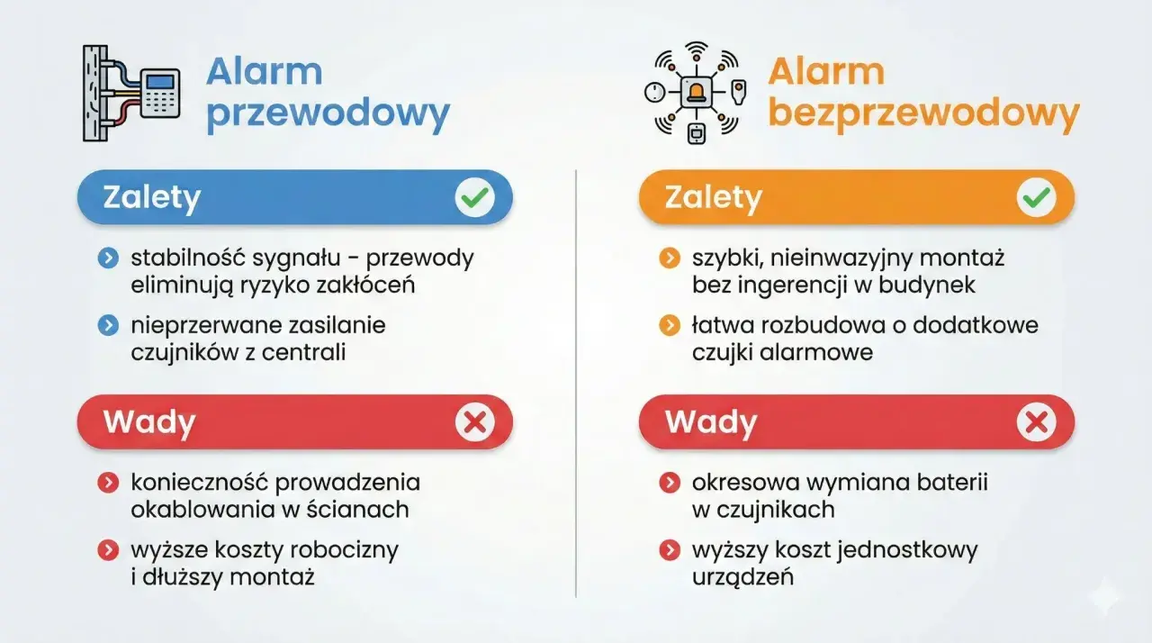 Porównanie alarmów: przewodowy (stabilny, zasilany z centrali) i bezprzewodowy (łatwy montaż, ale wymaga baterii). Czujka tlenku węgla działa w obu systemach.