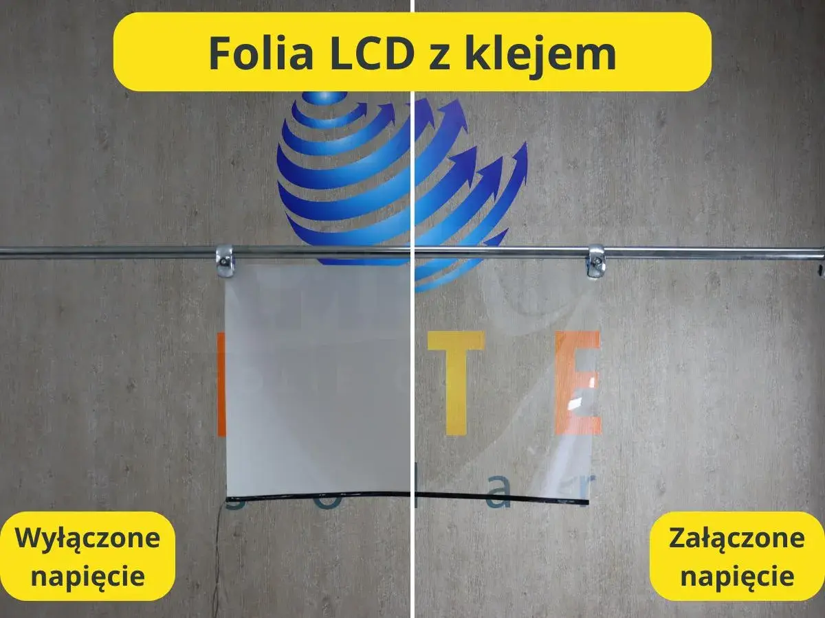 Folia LCD z klejem: wyłączone napięcie - biała, załączone napięcie - przezroczysta, tworząc efekt jak z filmu thriller.