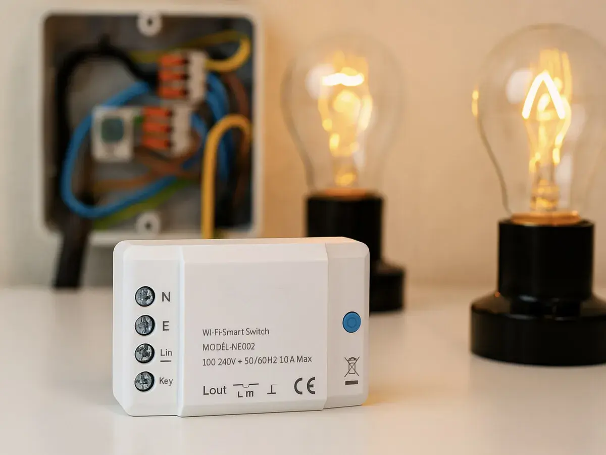 Interruptor Wi-Fi inteligente junto a bombillas encendidas y caja de conexiones.