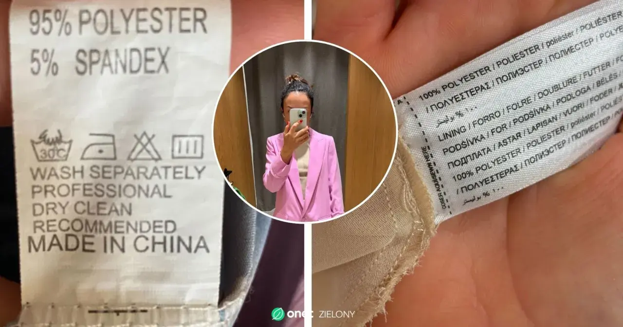 Metka z informacją o składzie: 95% poliester, 5% spandex. Obok metka z napisem "100% POLYESTER". Kobieta w różowej marynarce.