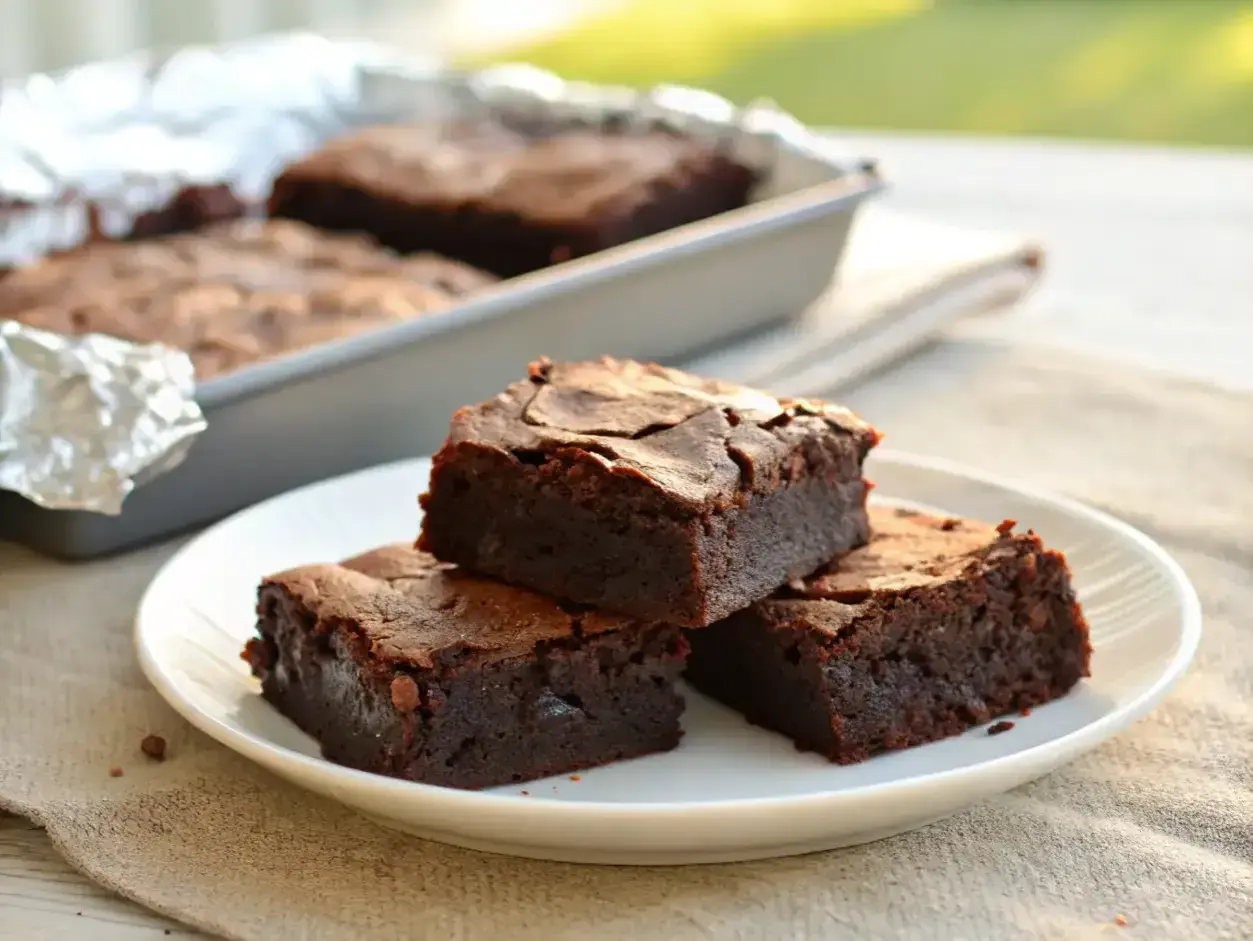 Deliciosos trozos de brownie sin gluten apilados en un plato blanco, con más en un molde al fondo.