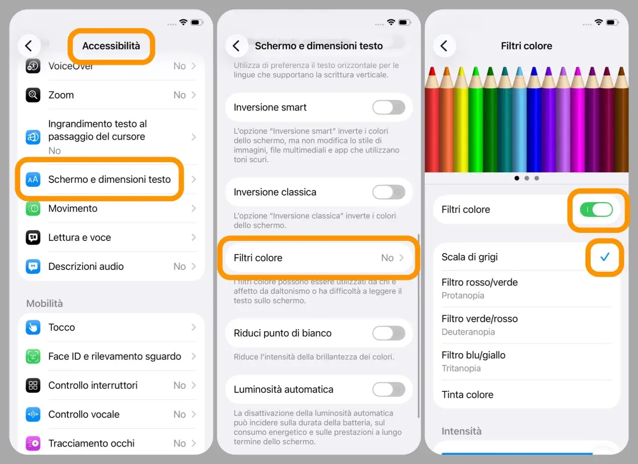Impostazioni iPhone: Accessibilità > Schermo e dimensioni testo > Filtri colore. La calibrazione schermo iPhone aiuta a leggere meglio.