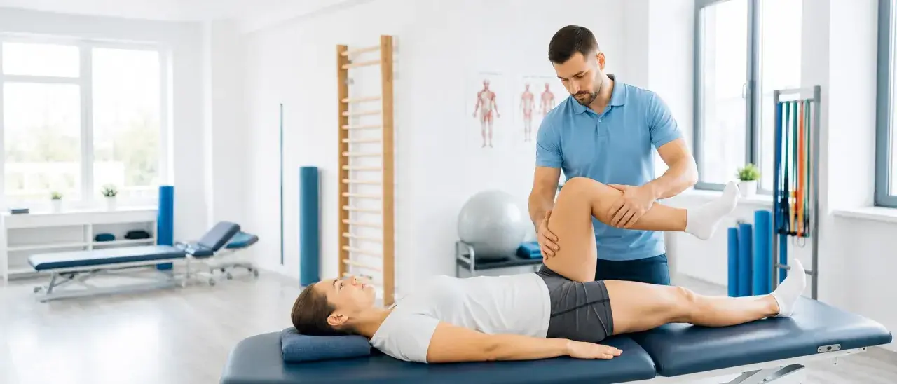 Fizjoterapeuta wykonuje ćwiczenia podczas sesji fizjoterapii ortopedycznej, pomagając pacjentce w rehabilitacji.