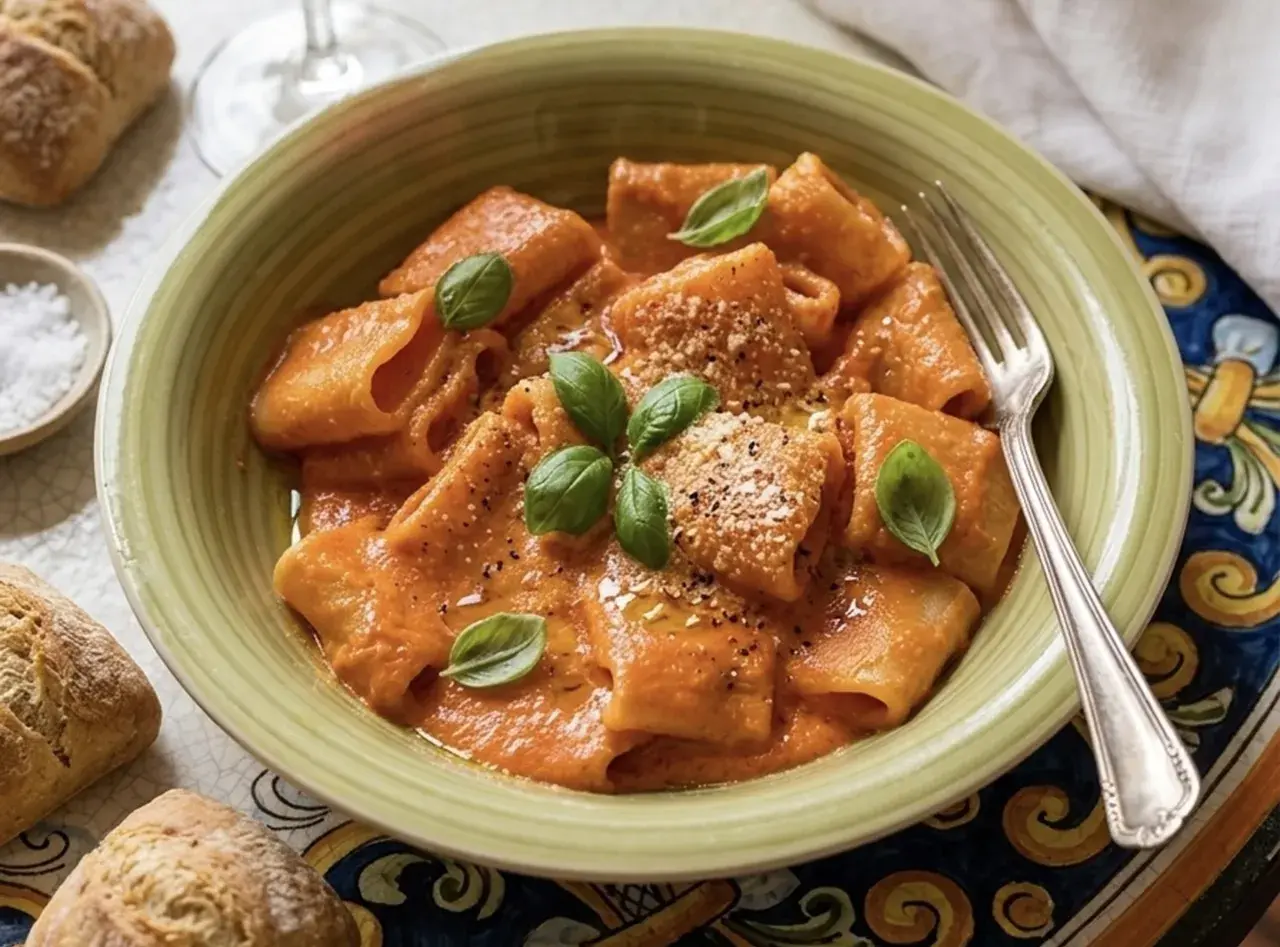 Herzhafte Paccheri in cremiger Tomatensoße, garniert mit Basilikum und Parmesan. Ein Genuss für alle Paccheri Rezepte Liebhaber.
