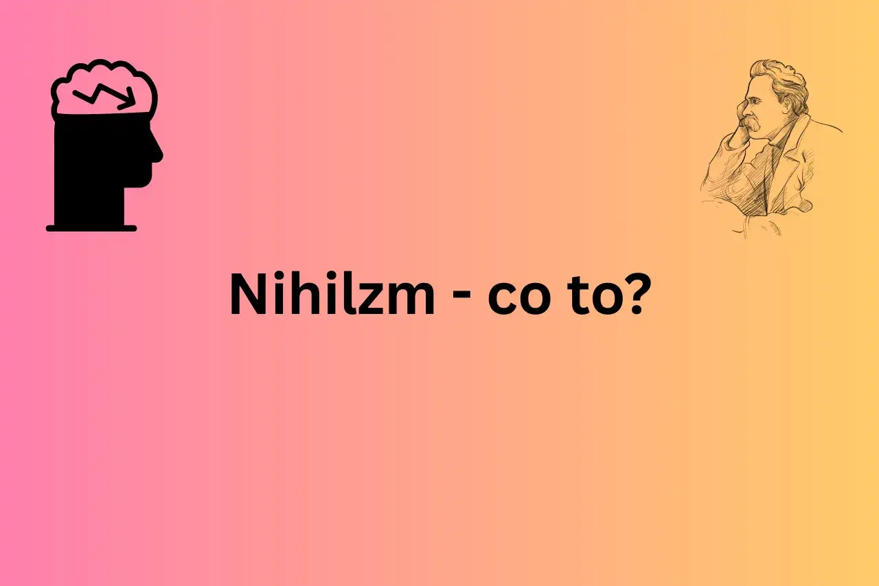 Czarna głowa z mózgiem i strzałką symbolizuje rozważania nad nihilizmem. Obok szkic Nietzschego.