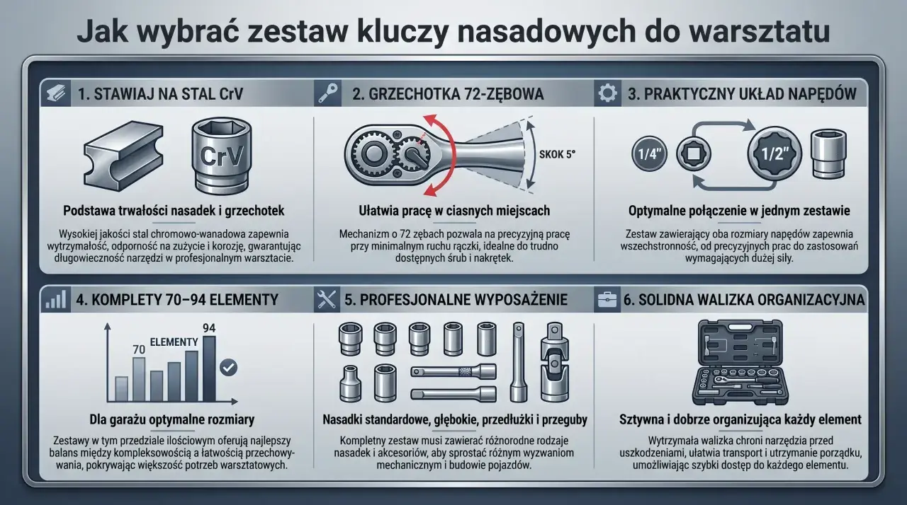 Stal CrV, grzechotka 72-zębowa i różne rozmiary napędów to kluczowe cechy dobrej nasadki. Zestaw 70-94 elementów z walizką to idealne rozwiązanie.
