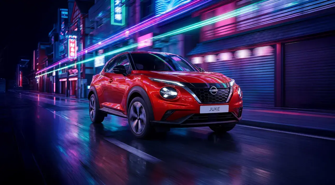 Czerwony Nissan Juke przemierza nocą neonowe miasto, tworząc dynamiczny obraz.