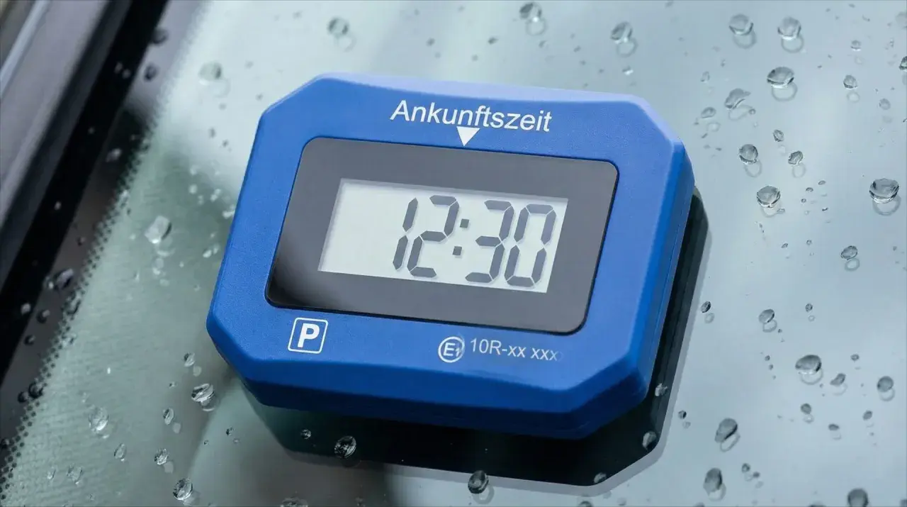 Digitale Parkscheibe zeigt 12:30 an. So muss eine Parkscheibe aussehen, um die Ankunftszeit korrekt anzuzeigen.
