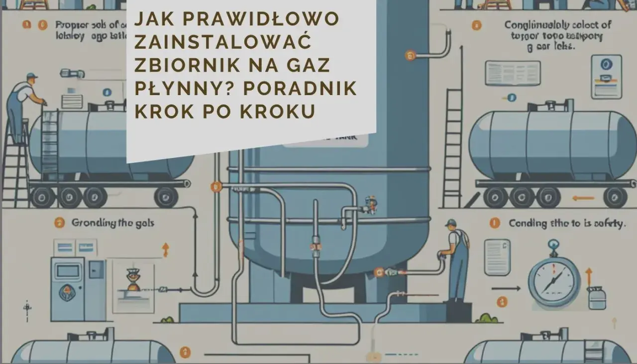 Ilustracja przedstawia schemat budowy instalacji gazowej, z naciskiem na prawidłowy montaż zbiornika na gaz płynny.