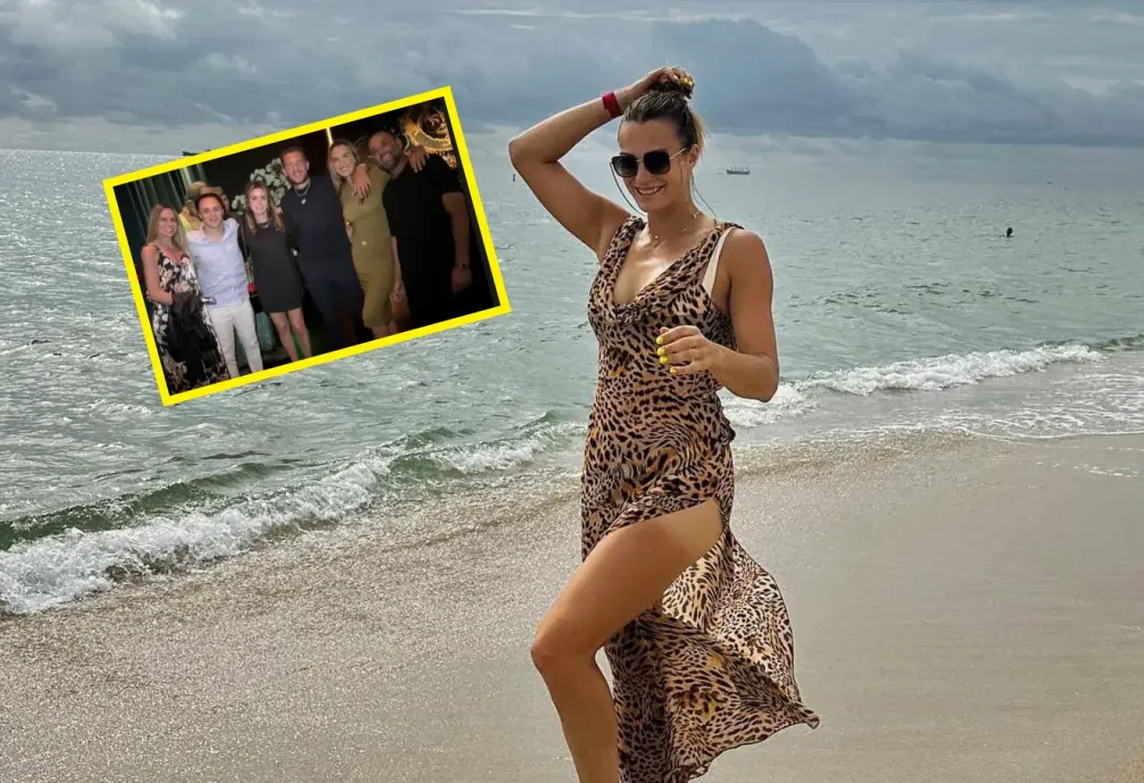 Sabalenka w panterkowej sukience na plaży, obok zdjęcie z przyjaciółmi.