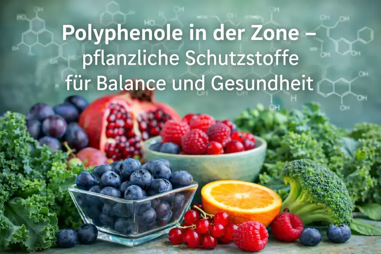 Bunte Früchte und Gemüse, die reich an Polyphenolen sind, pflanzliche Schutzstoffe für Balance und Gesundheit.