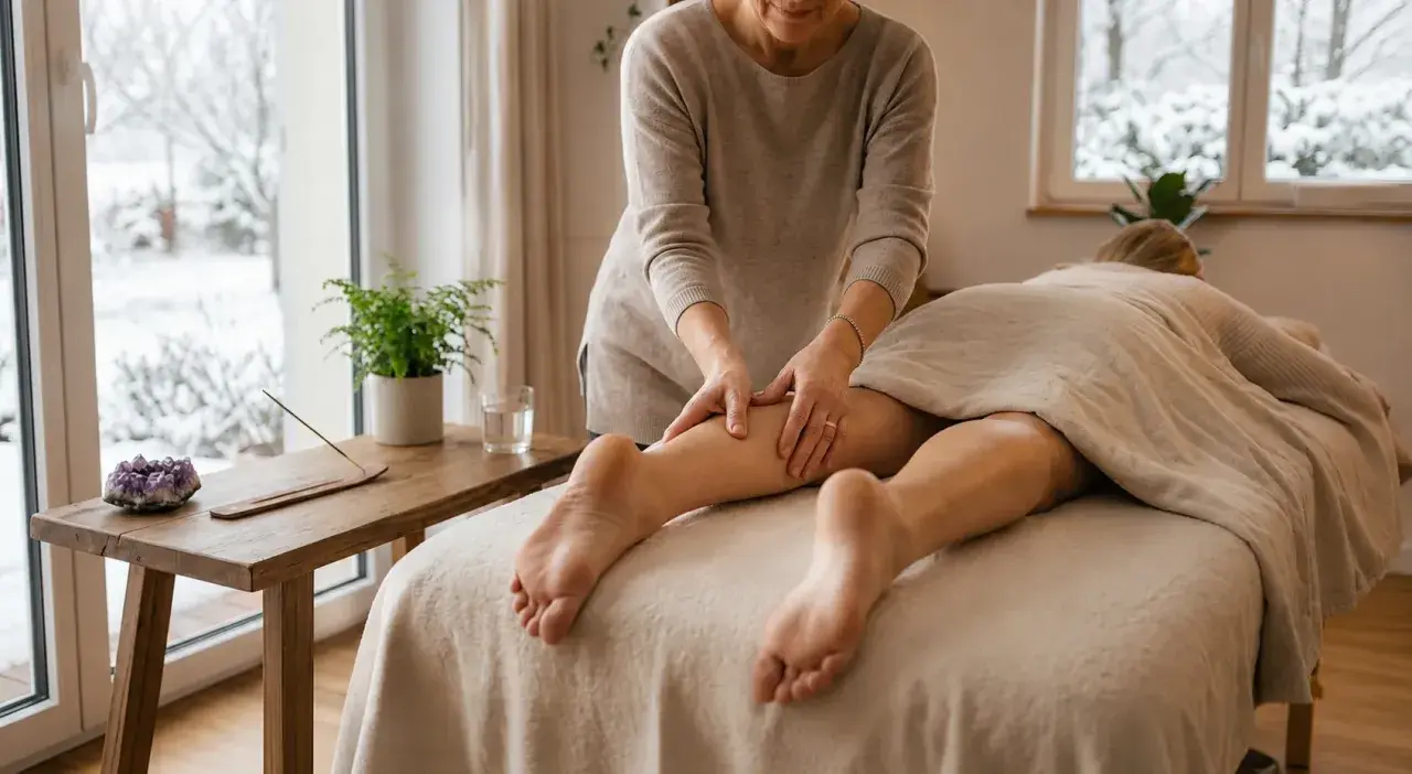 Massage drainant des jambes, stimulant les glandes lymphatiques. Ambiance zen avec une plante et une améthyste.