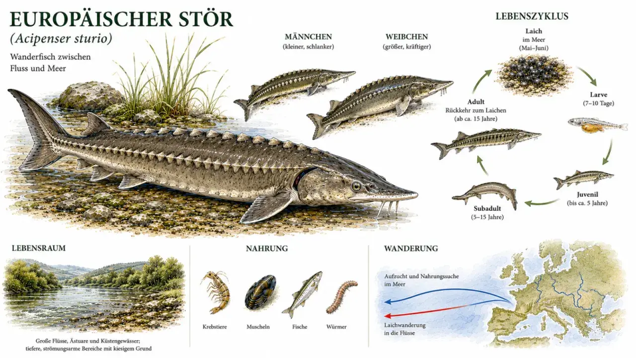 Europäischer Stör im Lebensraum Mosel. Die Grafik zeigt den Lebenszyklus, Nahrung und Wanderung dieser Fische.