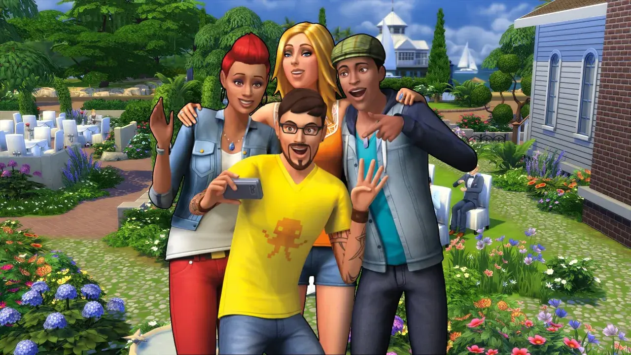 Grupa Simów robi sobie selfie na tle ogrodu. Może chcą sprawdzić, jak szybko rozwinęli umiejętności dzięki **the Sims 3 kody na umiejętności**?