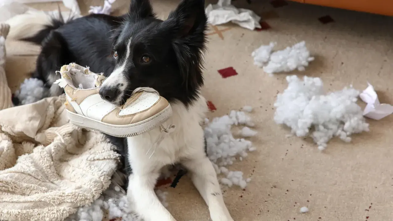 Pies rasy Border Collie z butem w pysku, otoczony kłębkami wypełnienia. Wygląda na to, że to objawy lęku separacyjnego u psa.