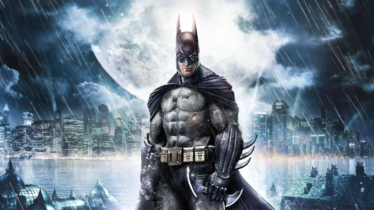 Batman w deszczową noc nad Gotham. Ten obraz to idealny **batman arkham asylum poradnik** dla graczy.