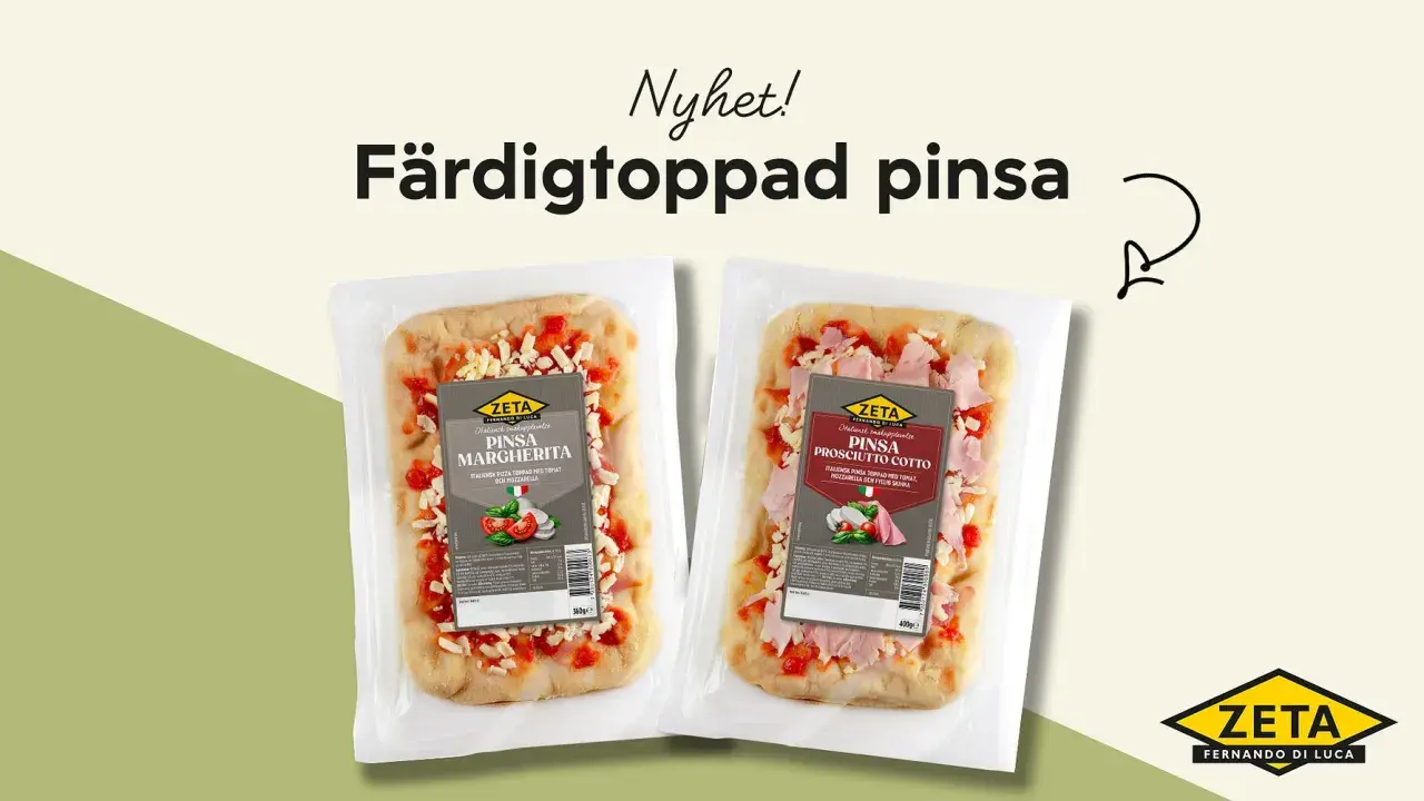 Två färdigtoppade mini pizzor, en Margherita och en Prosciutto Cotto, i plastförpackning.