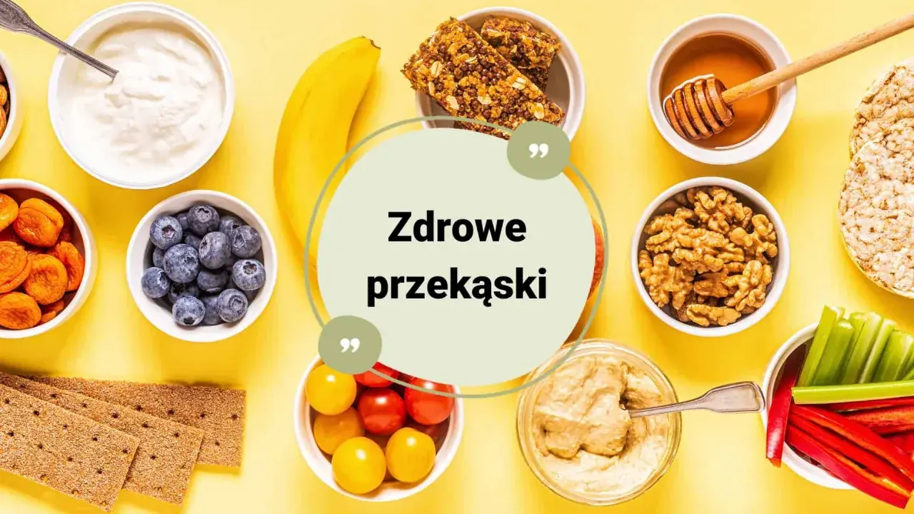 Zdrowe przekąski na diecie: jogurt, jagody, suszone morele, banan, batoniki musli, miód, orzechy, krakersy, pomidorki, hummus, papryka i seler.