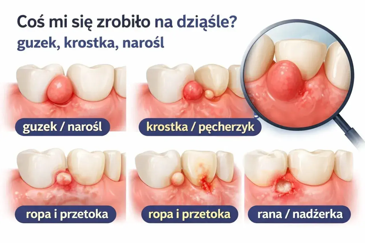 Ilustracja pokazuje różne stadia problemów z dziąsłami: guzek, krostkę, ropę i przetokę, aż do niegojących się ran w jamie ustnej.