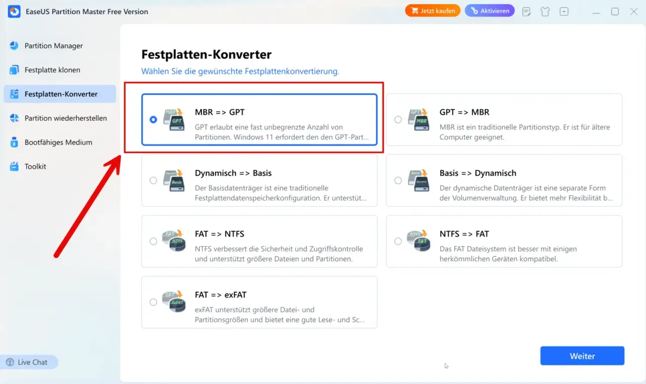 Festplatten-Konverter: MBR zu GPT. EaseUS Partition Master hilft, um diskpart gpt erstellen zu können.