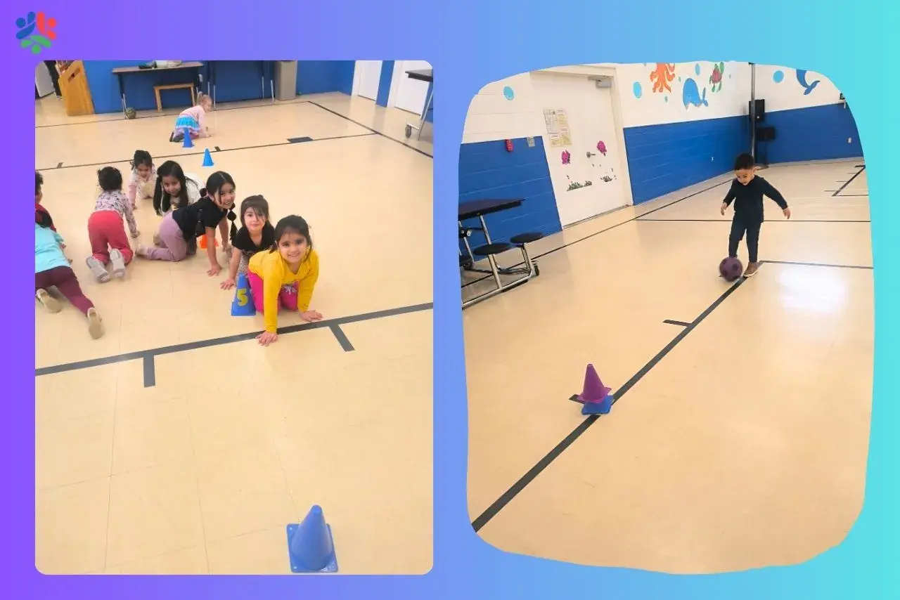 Toddlers crawl through an obstacle course, practicing Montessori gross motor skills. A boy kicks a ball around cones.