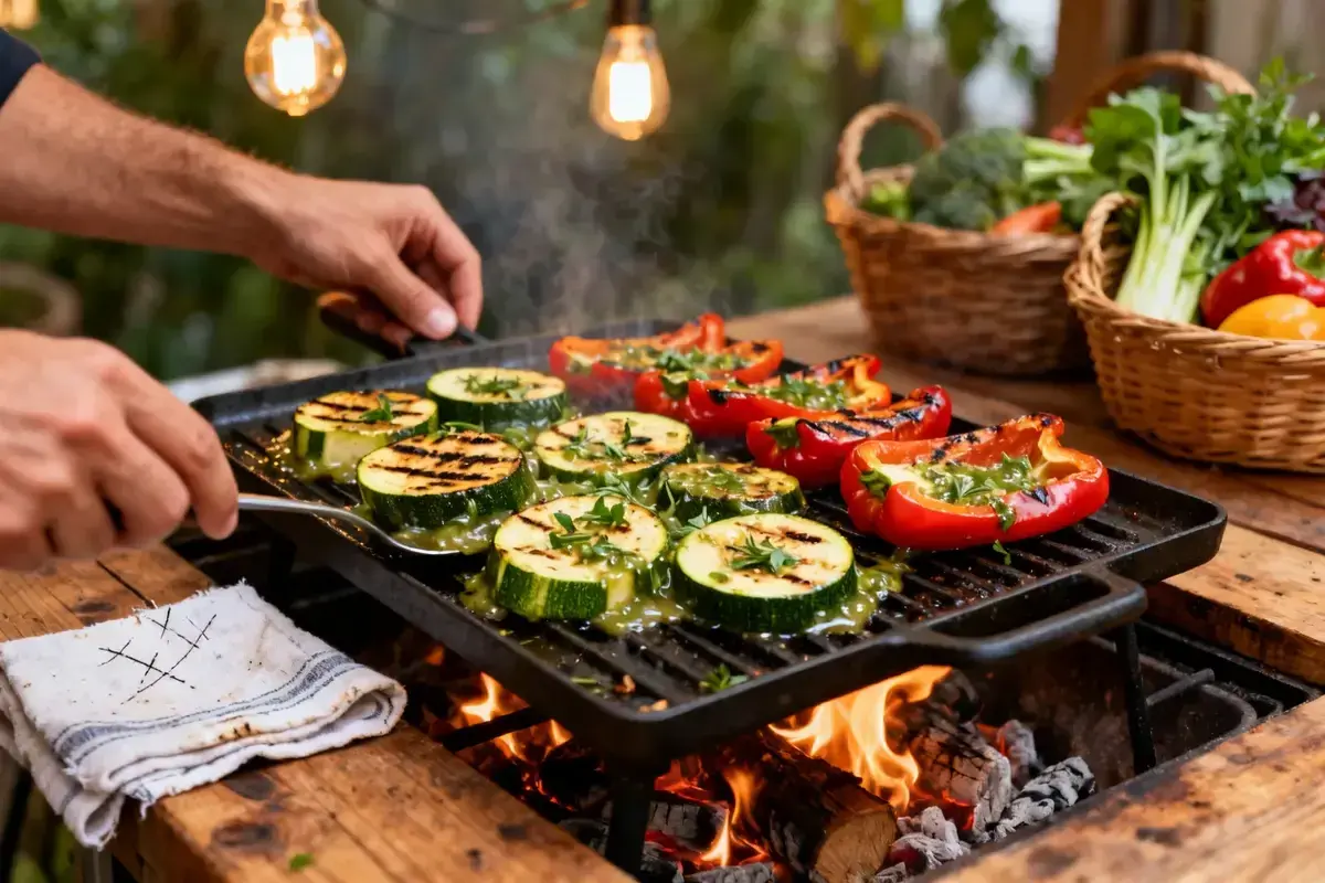 Courgettes et poivrons rouges grillés sur une plancha, un délicieux accompagnement plancha aux herbes fraîches.