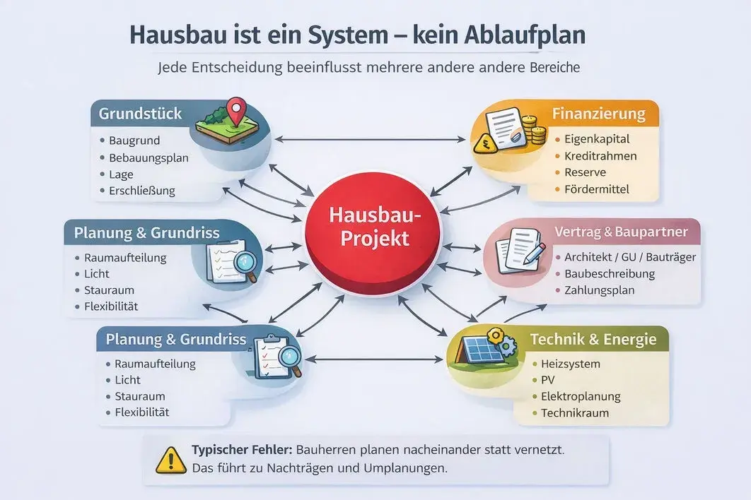 Diagramm zeigt Hausbau-Projekt als System. Wichtige Bereiche sind Grundstück, Finanzierung, Vertrag, Technik & Energie (inkl. Elektroplanung) und Planung.