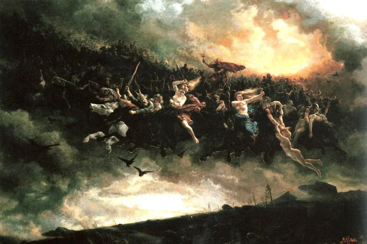 Valkyrior rider genom himlen, en dramatisk scen som påminner om Tors vagn.