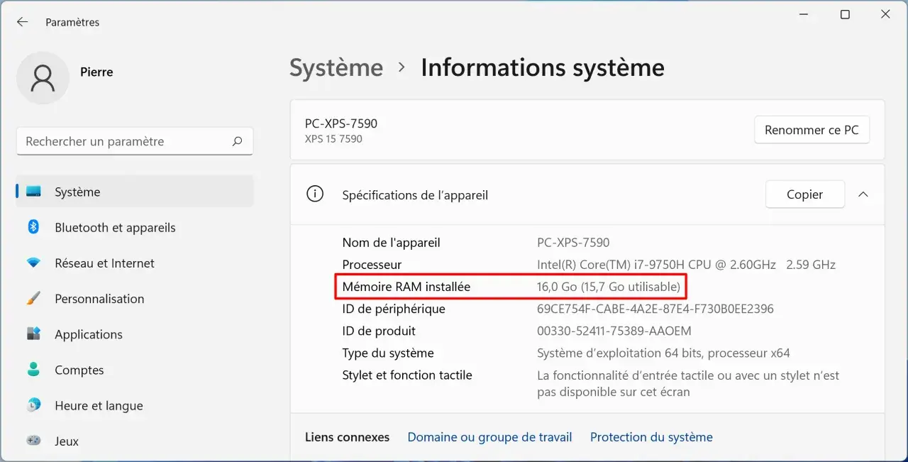 Informations système affichant la mémoire RAM installée : 16 Go. Vérification après avoir tenté d'installer RAM.