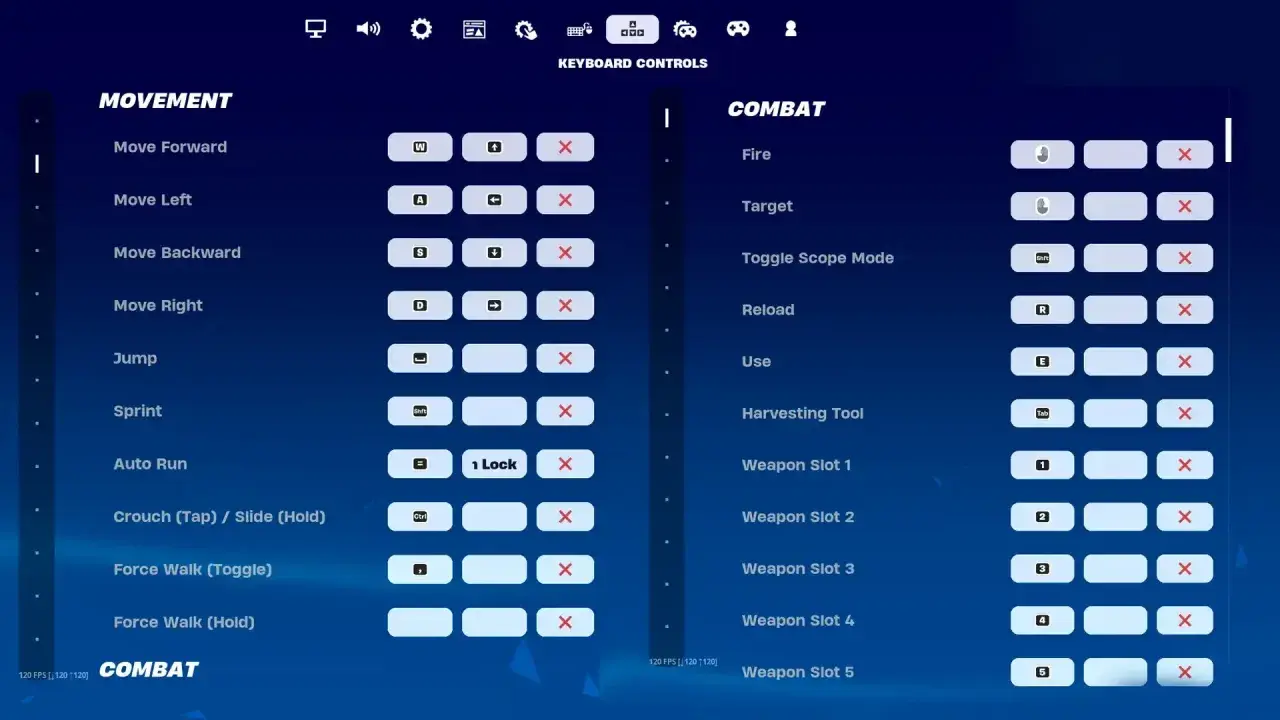 Paramètres clavier pour Fortnite : mouvement (WASD, Espace, Shift) et combat (clic gauche, clic droit, R, E, Tab, 1-5).