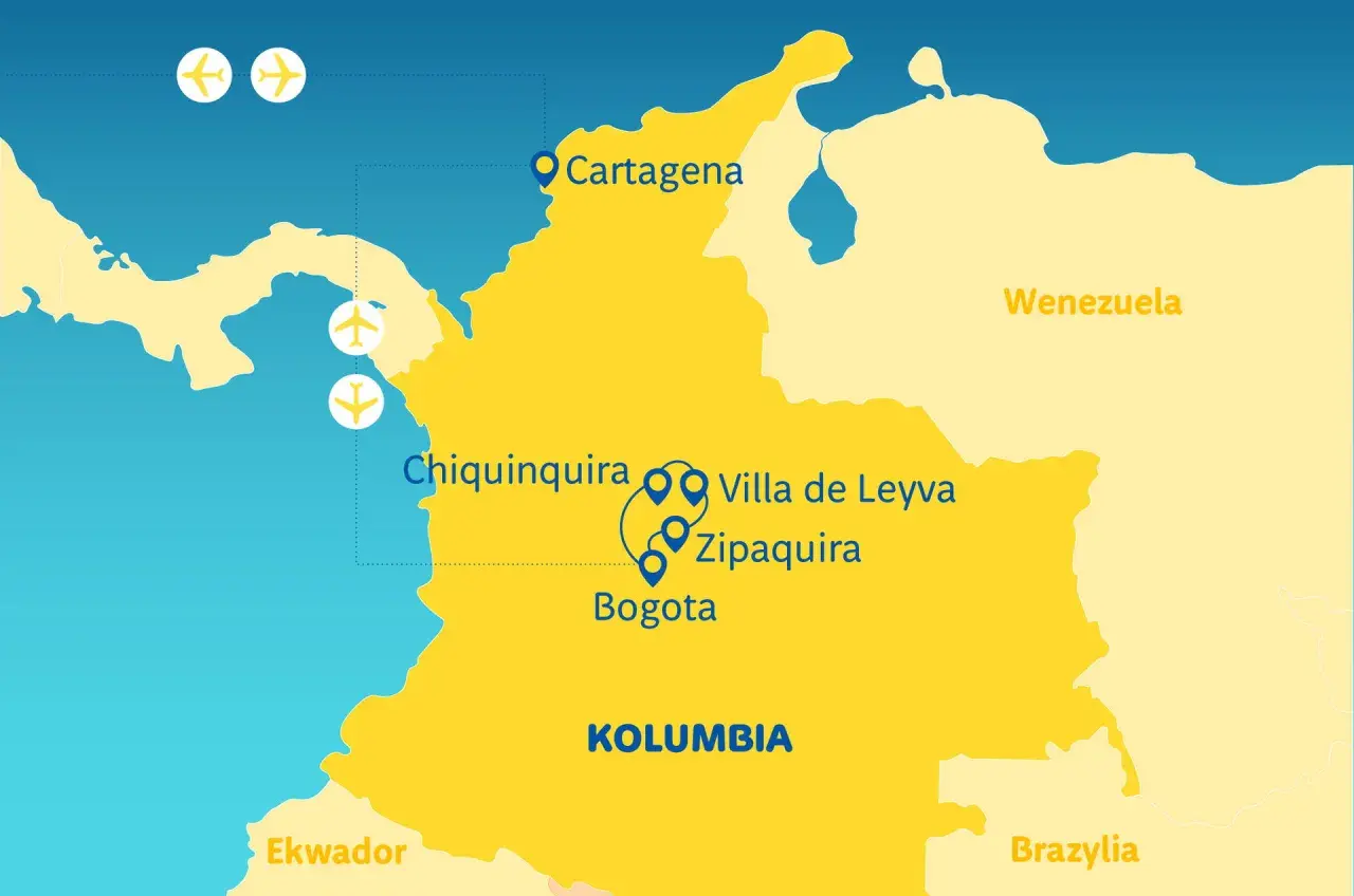Mapa Kolumbii z zaznaczonymi miastami: Cartagena, Chiquinquira, Villa de Leyva, Zipaquira, Bogota. Widać też sąsiednie kraje: Ekwador, Wenezuela, Brazylia.