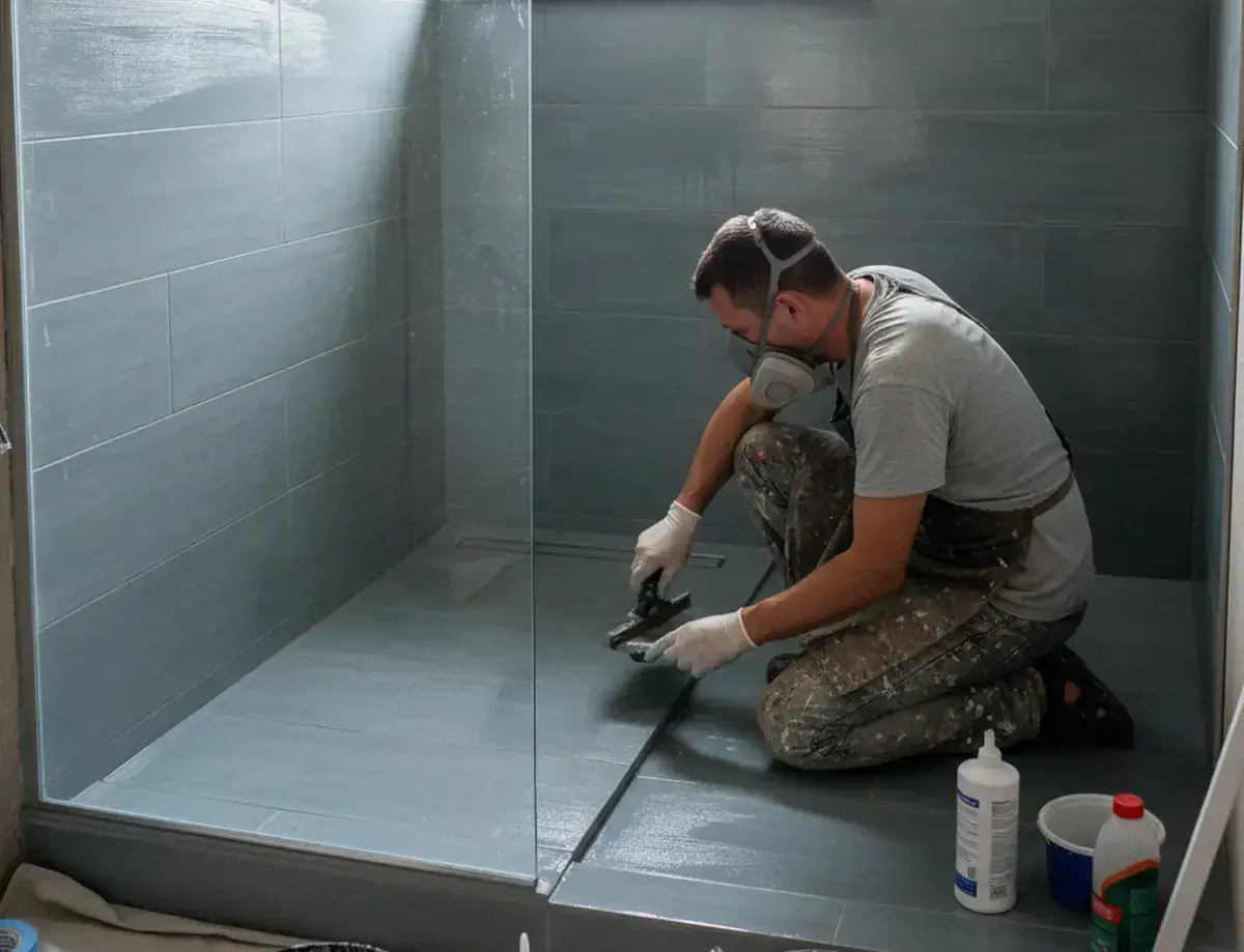 Un ouvrier applique une peinture époxy sur le sol d'une douche carrelée.