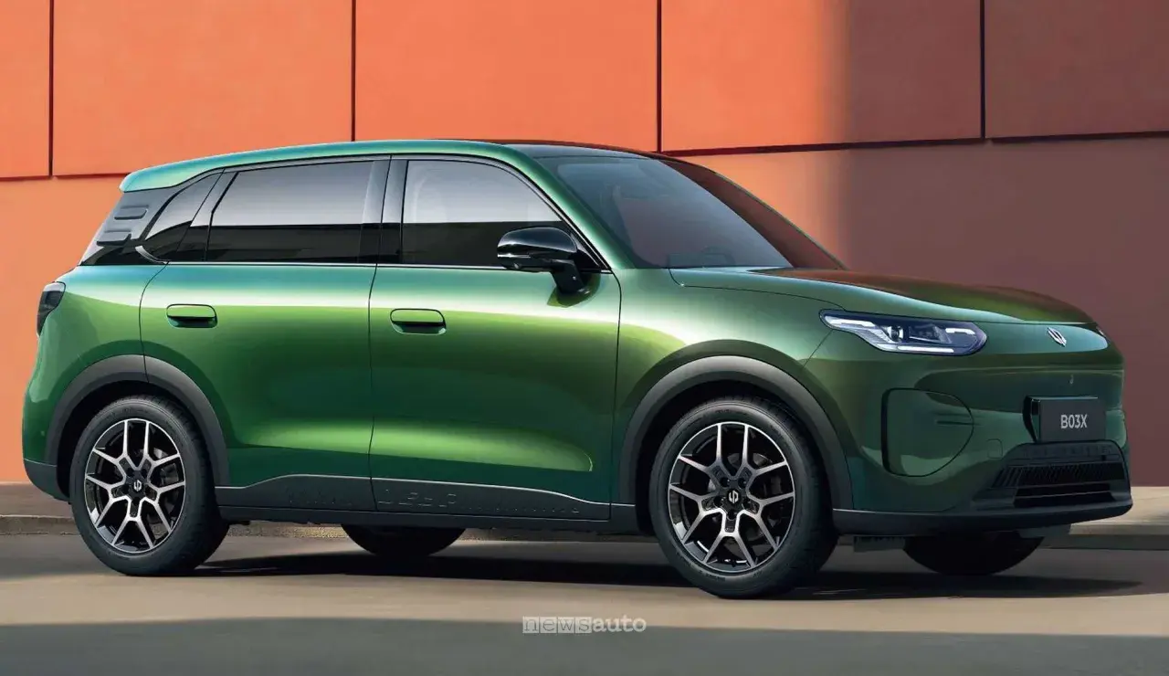 Un SUV verde brillante, il Leapmotor B03X, con un design moderno e linee aerodinamiche, si staglia contro uno sfondo arancione.