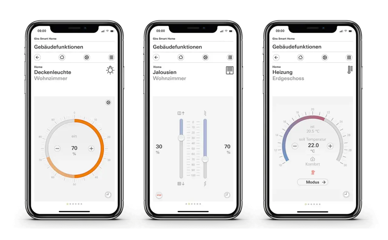 Steuere dein Zuhause mit der Gira App: Licht, Jalousien und Heizung im Erdgeschoss lassen sich bequem regeln.