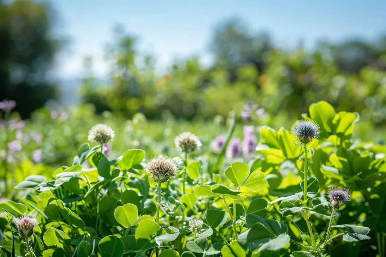 Champ de trèfles et de fleurs sauvages, un remède de grand-mère contre les chardons.