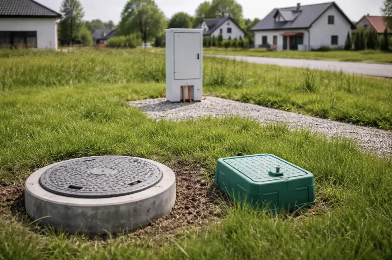 Działka z przyłączami i domami w tle. Nieruchomość gruntowa z infrastrukturą techniczną.