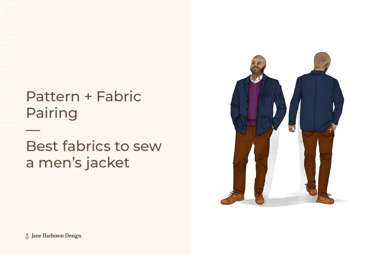 Illustration of men's jacket fabric types, showing front and back views of a man in a navy jacket, purple sweater, and brown pants.