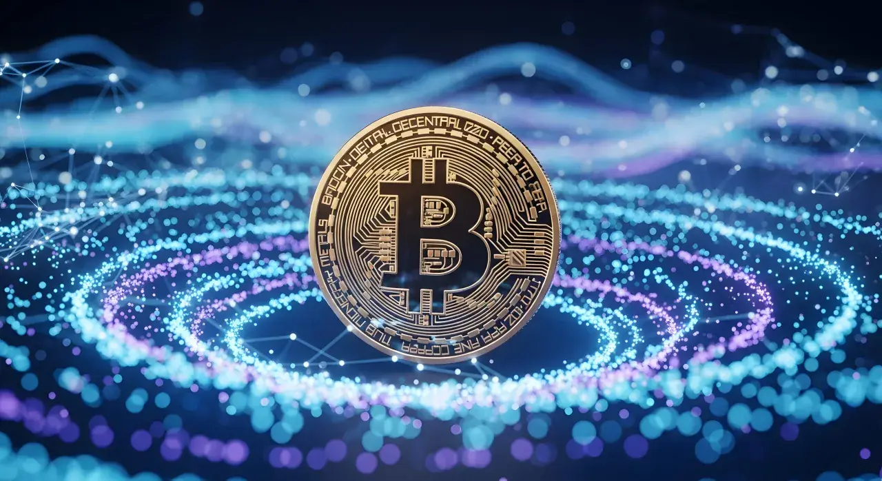 Złoty Bitcoin na tle cyfrowej sieci, symbolizujący technologię blockchain, co to jest i jak działa.