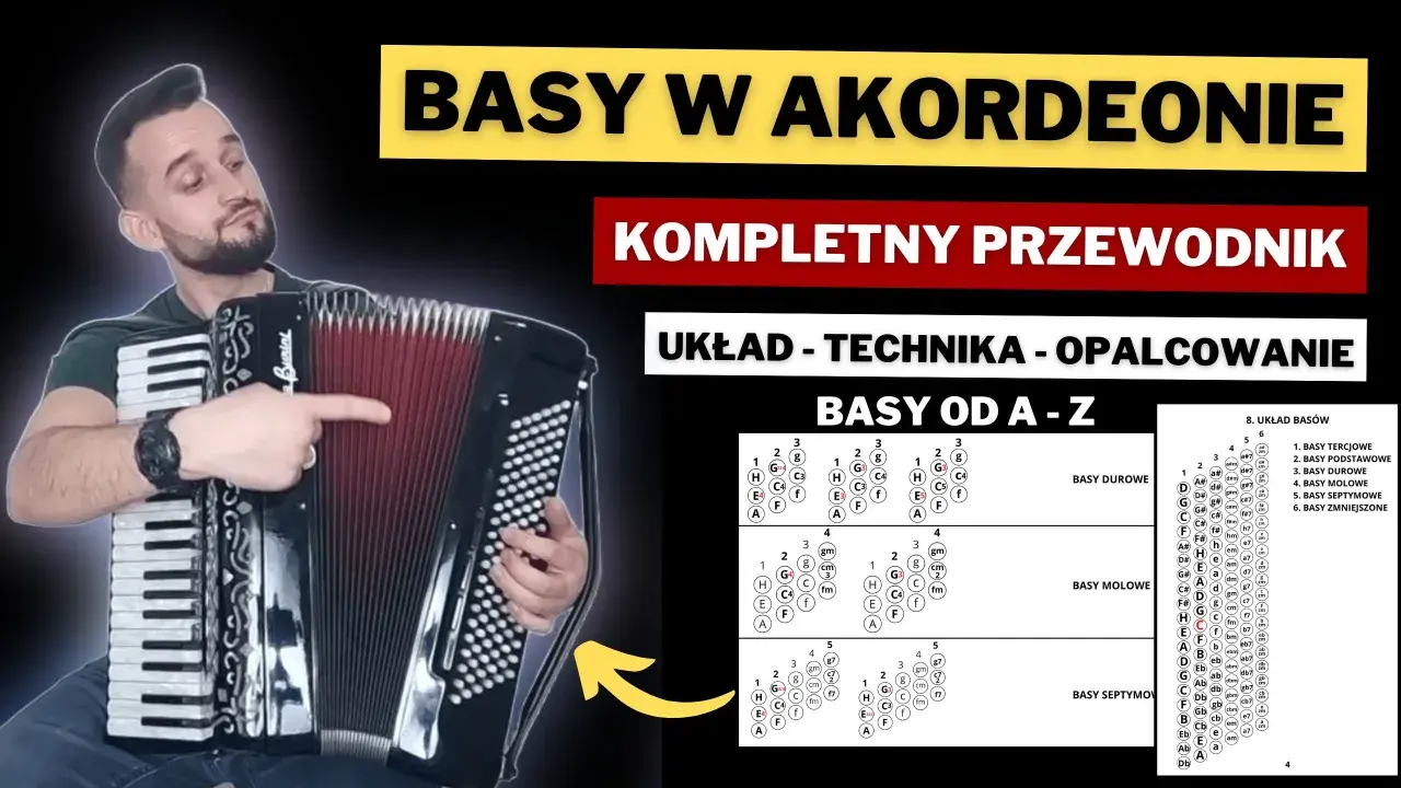 Mężczyzna pokazuje układ basów na akordeon. Na ekranie widoczne są tabele z akordami i ich nazwami.