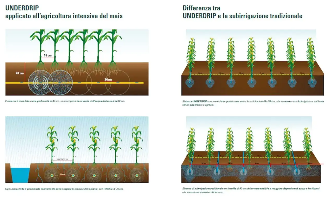 Confronto tra sistemi di irrigazione: UNDERDRIP e tradizionale. Illustra diversi tipi di terreno e la distribuzione di acqua e fertilizzanti.