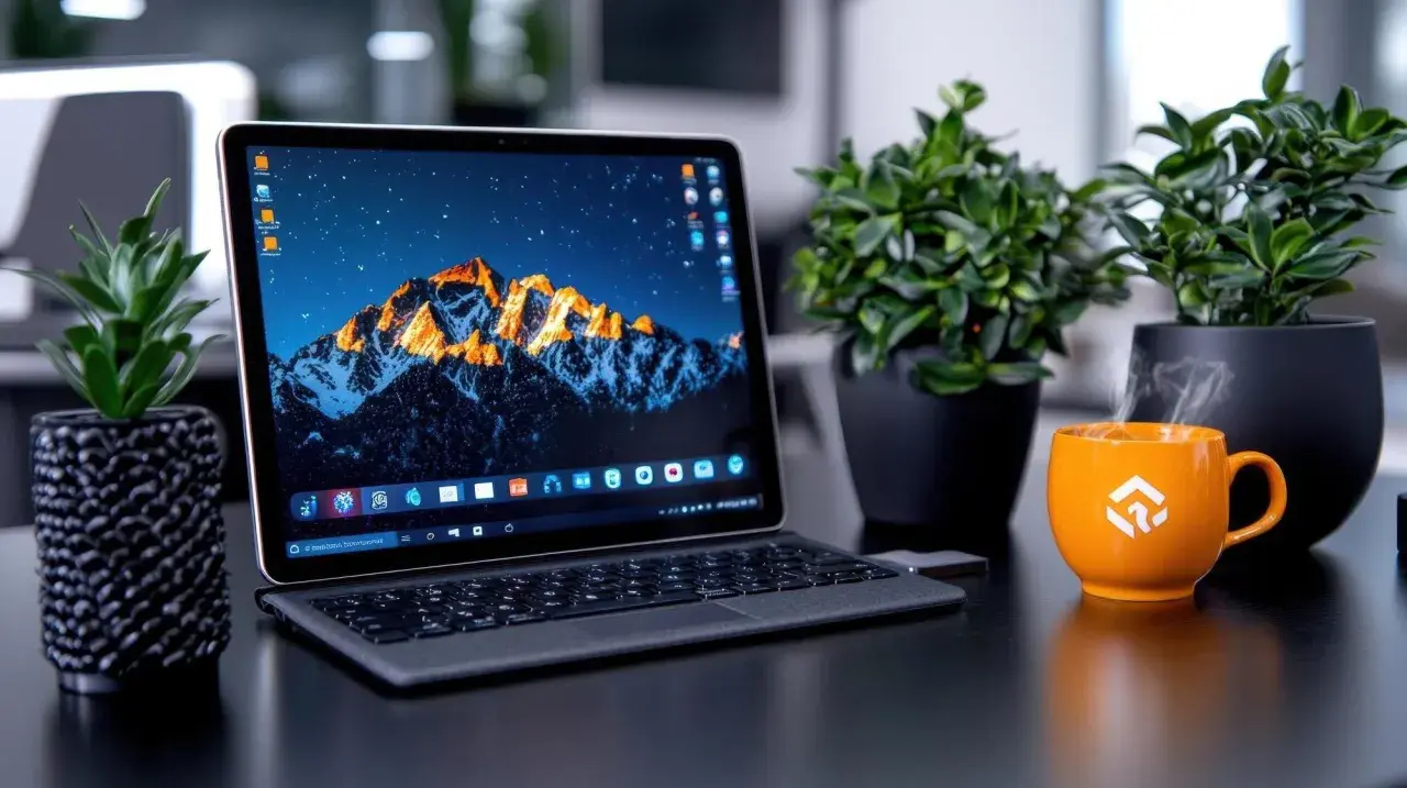 Laptop z górskim krajobrazem na pulpicie, obok kubek parującej kawy i rośliny. Idealne miejsce do pracy, gdzie łatwo znaleźć skrót klawiszowy do nagrywania ekranu.