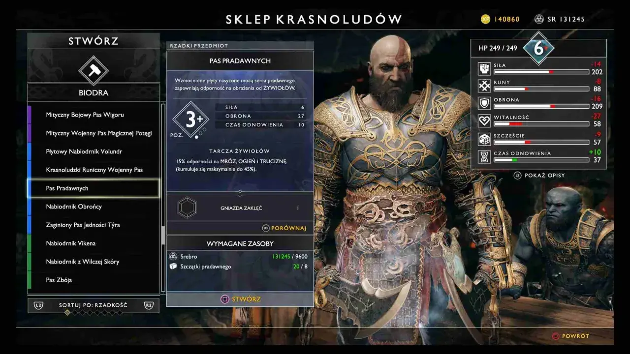 Kratos w grze God of War przegląda ekwipunek w sklepie Krasnoludów, analizując statystyki Pasa Pradawnych.