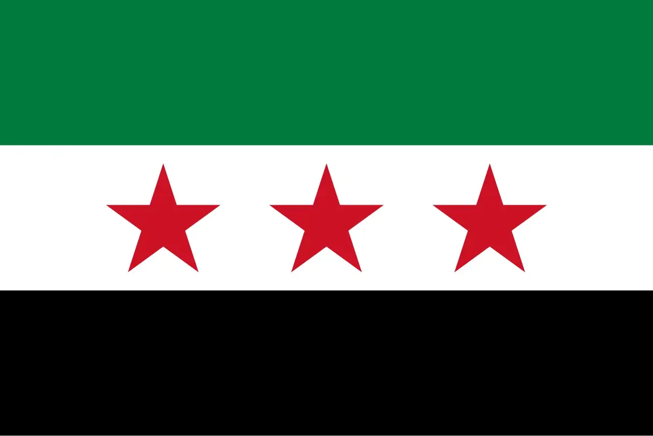 Syriska flaggan med tre röda stjärnor på vit bakgrund, grön överst och svart nederst. Fakta om Syrien kan finnas bakom denna symbol.
