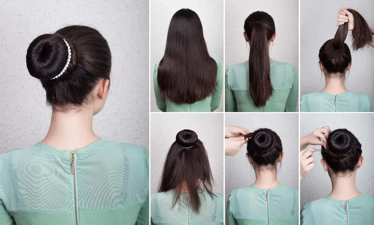Pasos para crear un moño alto elegante. Cabello recogido en coleta, enrollado y asegurado con horquillas.