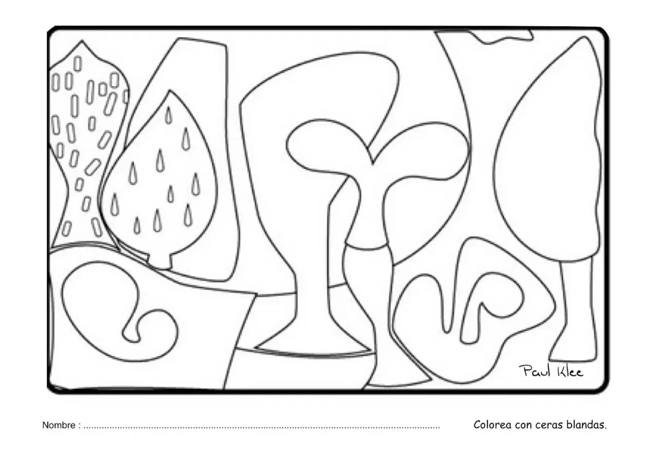 Dibujo para colorear de Paul Klee para niños, con formas abstractas y orgánicas listas para darles vida con colores.
