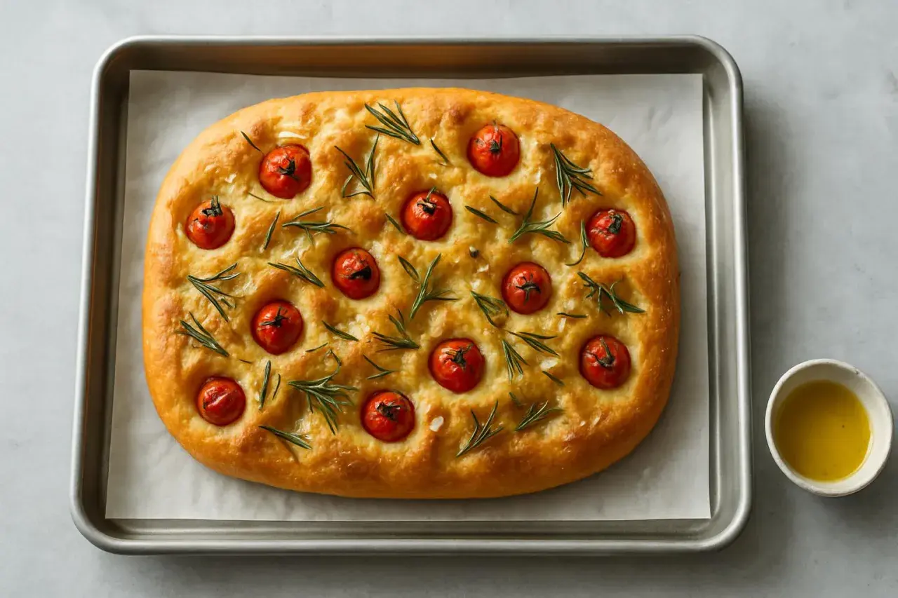 En gyllene focaccia med körsbärstomater och rosmarin på en plåt. Perfekt för ditt nästa focaccia recept.